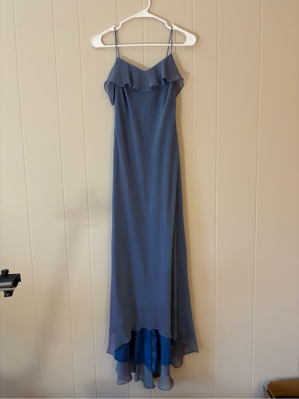 David's Bridal Dusty Blue High-Low Ruffle Slip Dress
